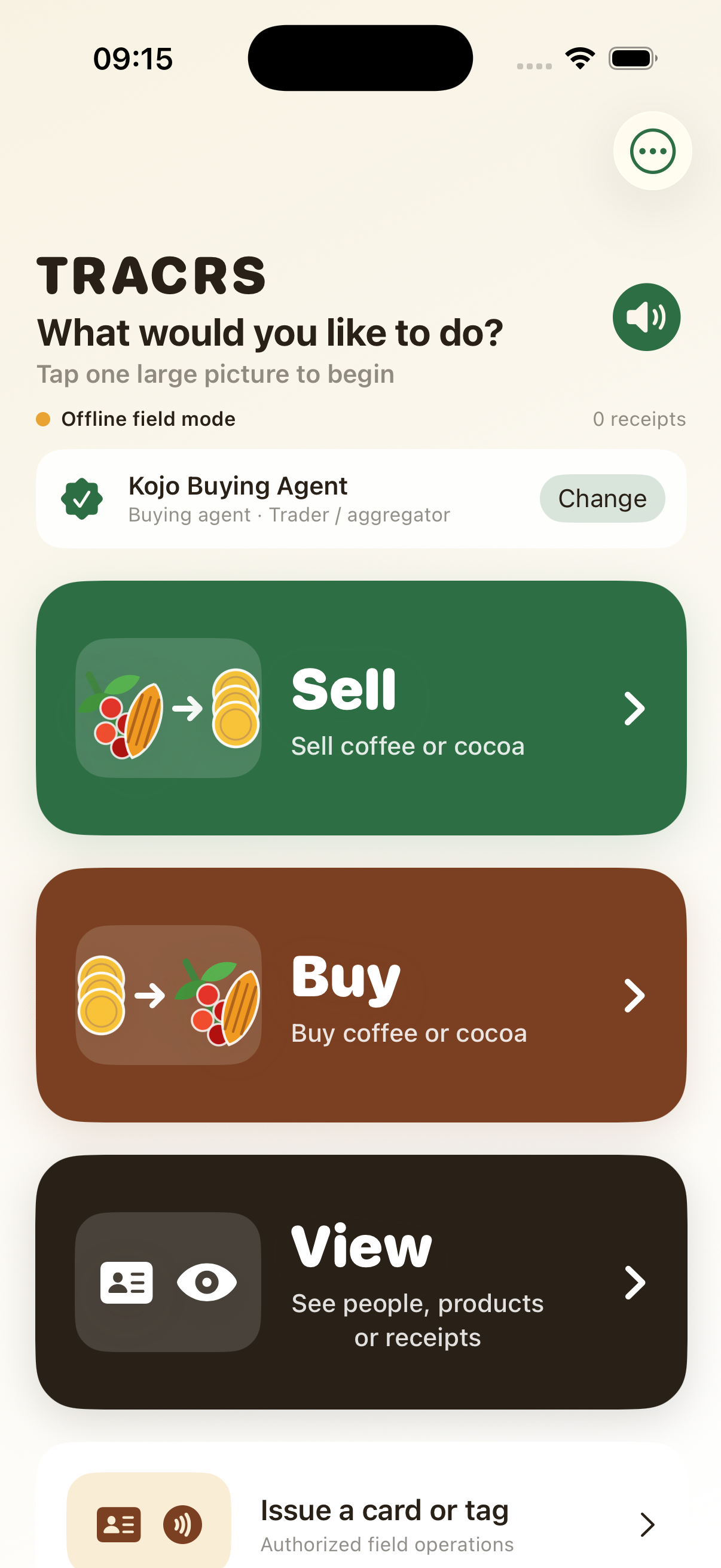 TRACRS Origin app showing simple sell, buy and view actions