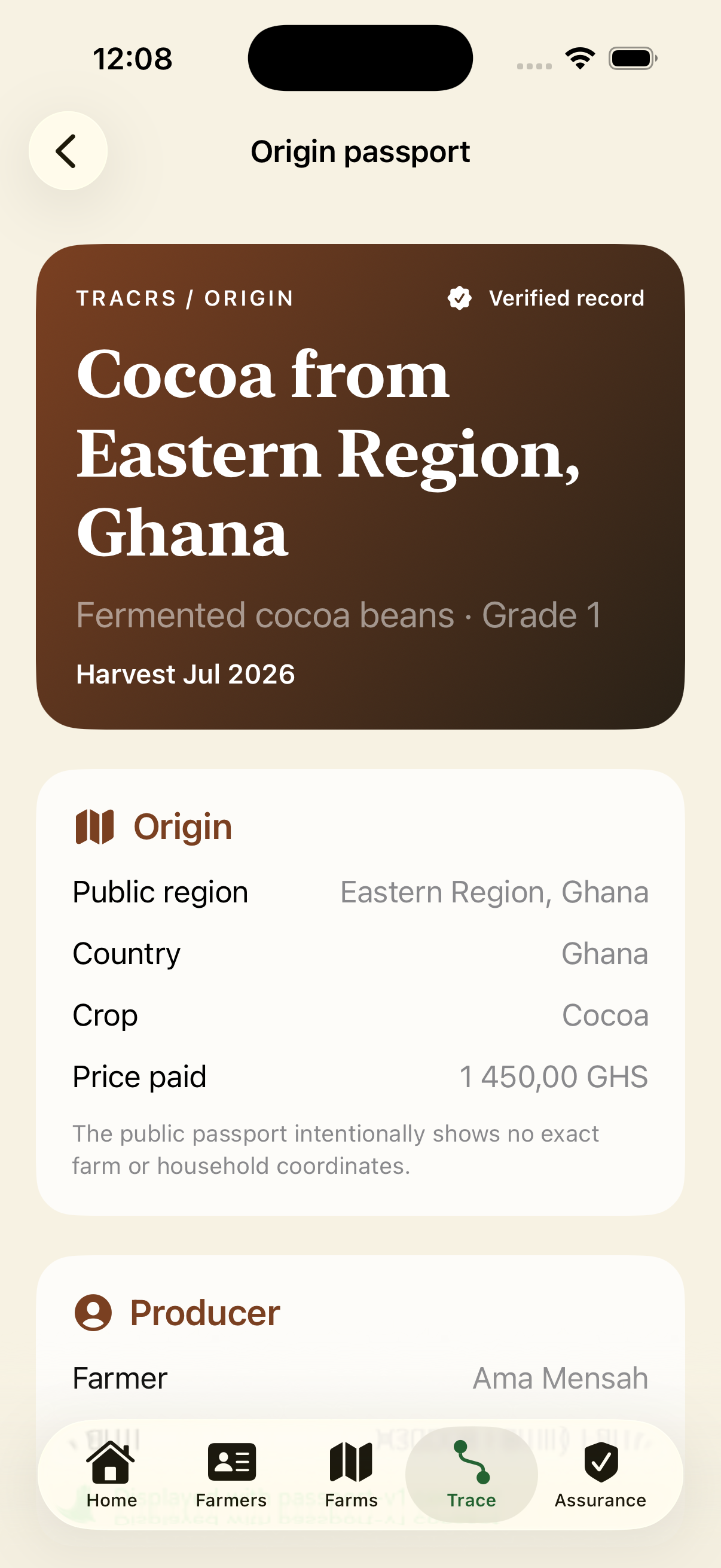 Privacy-safe public cocoa origin passport